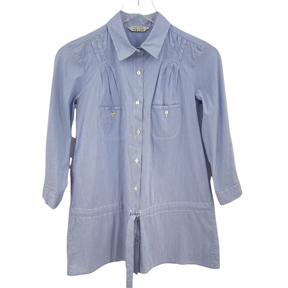 Gerard Darel Pinstripe Tunic Shirt Size 4 FR 36 Blue White Drawstring Cotton